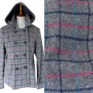 Vintage Y2K Aeropostale Jacket Womens Large Hood Plaid Wool Blend Lined Peacoat